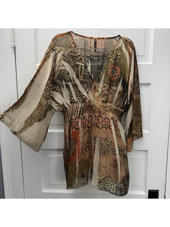 MushBaby Siena Rose, Inc. Tops - MushBaby Siena Rose Sheer Boho Tunic Top XL Kimono Sleeve Floral Print
